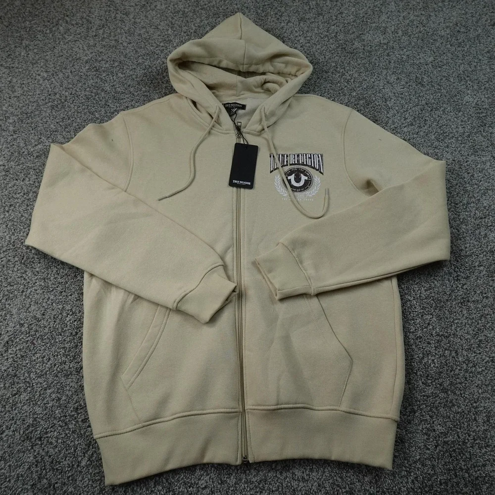 NEW True Religion Hoodie Mens XL Beige Full Zip Fleece Sweatshirt Jacket Graphic